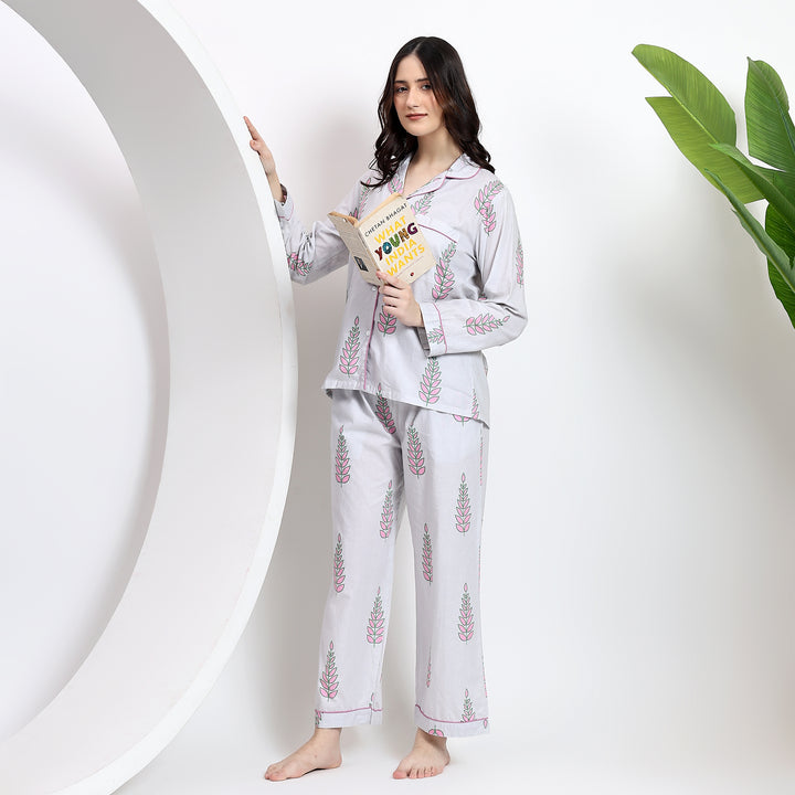 Standing view of white cotton pj set with floral handblock print and lapel collar, perfect for casual loungewear.