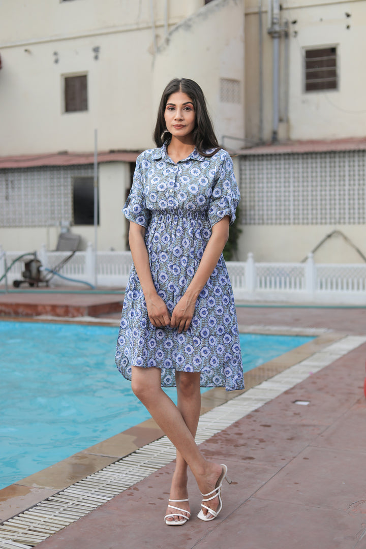 Cotton Blue Collared Mini Dress with Short Sleeves