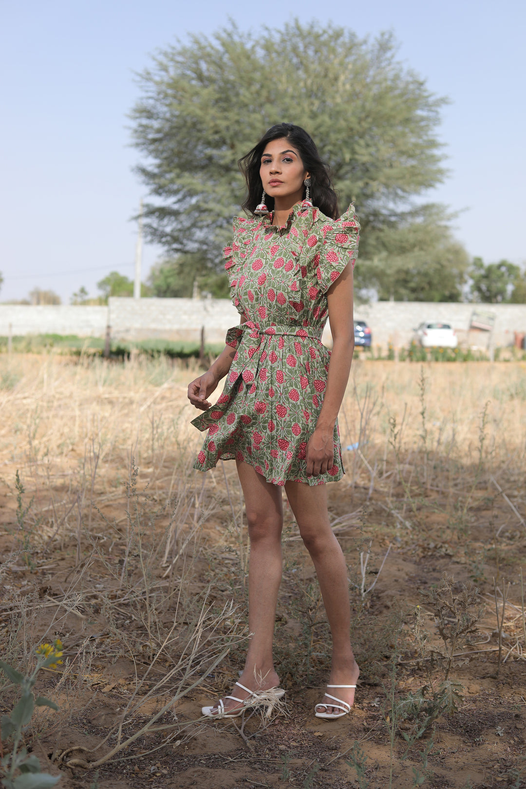olive green mini dress with belt Indian rose beauty