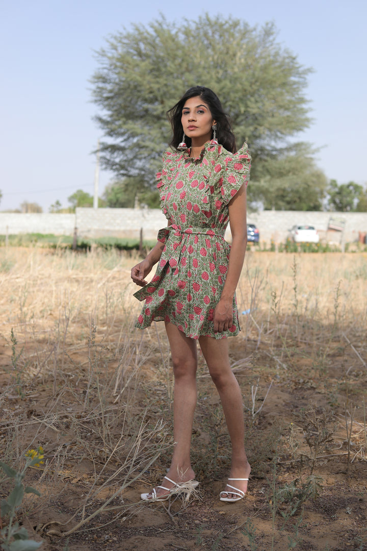 olive green mini dress with belt Indian rose beauty