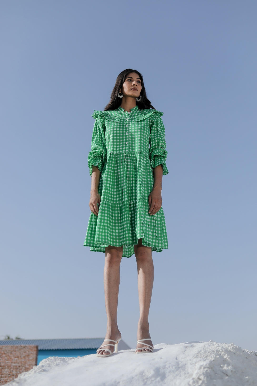 Green Checked Long-Sleeve Cotton Mini Dress