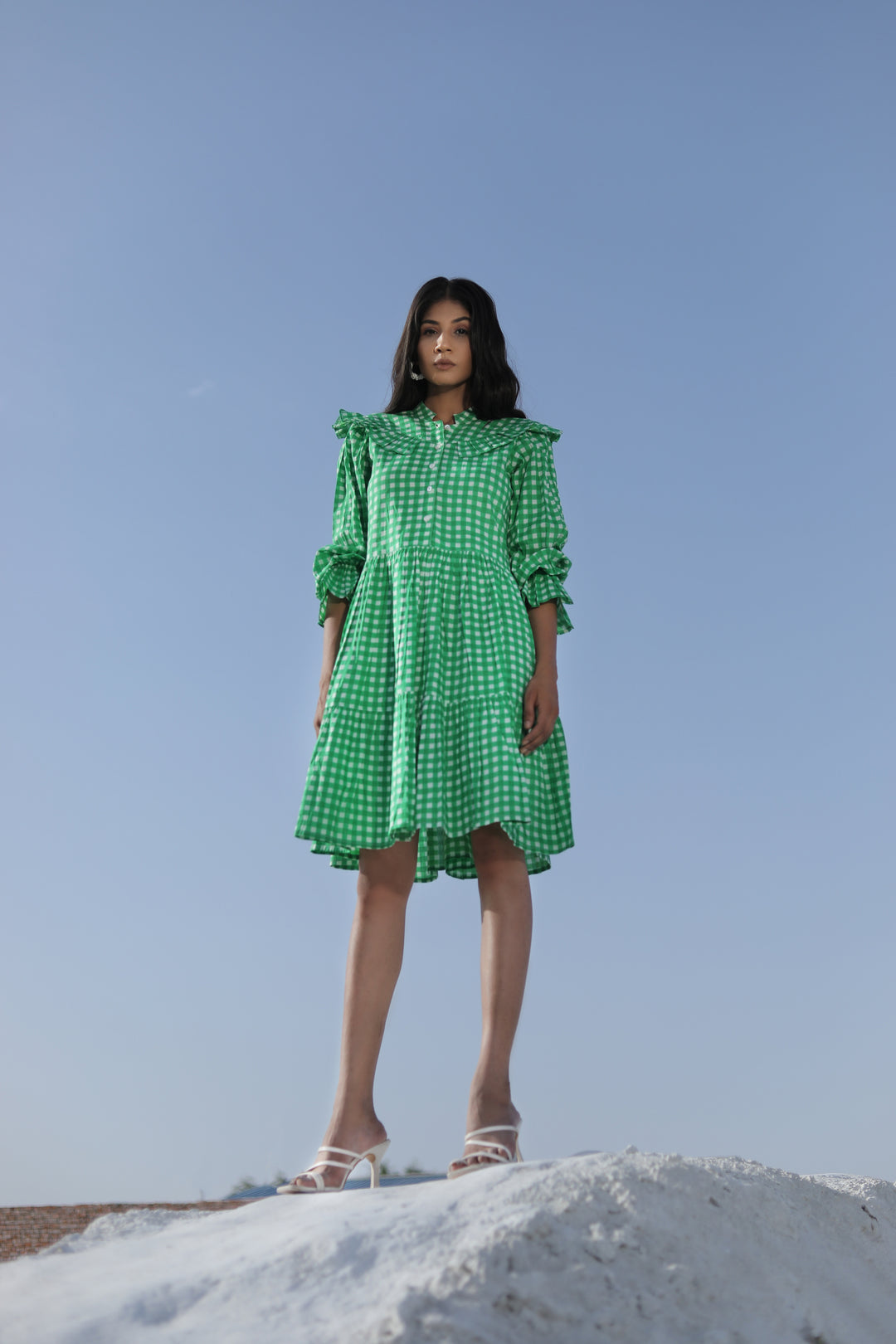 Green Checked Long-Sleeve Cotton Mini Dress