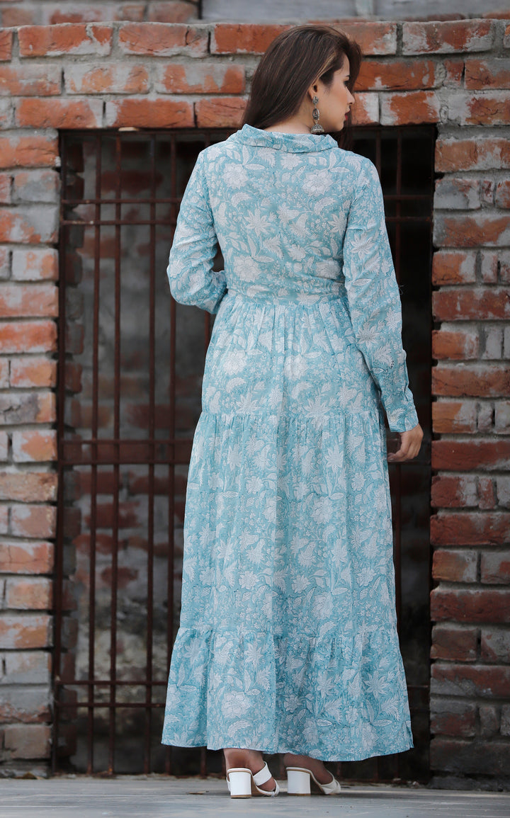 kyra floral cotton print in ocean blue maxi dress