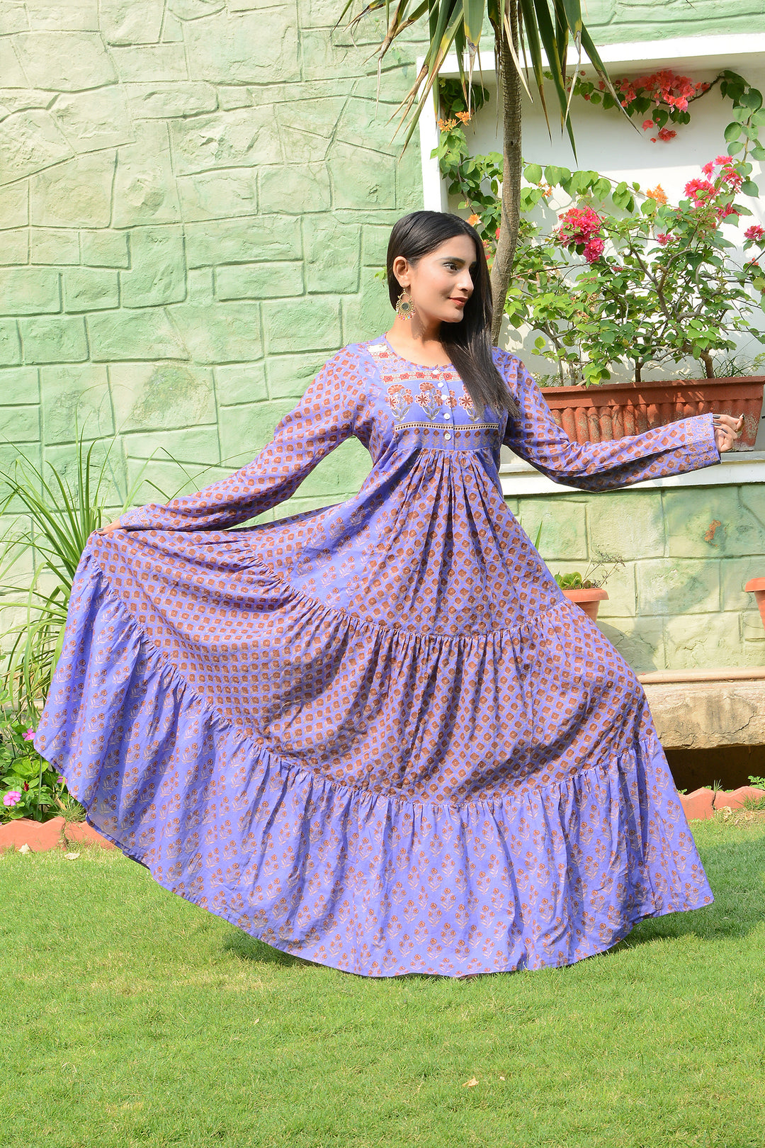 Indian handblock purple cotton long sleeves maxi dress