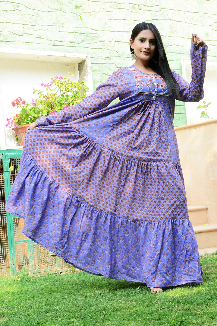 Indian handblock purple cotton long sleeves maxi dress