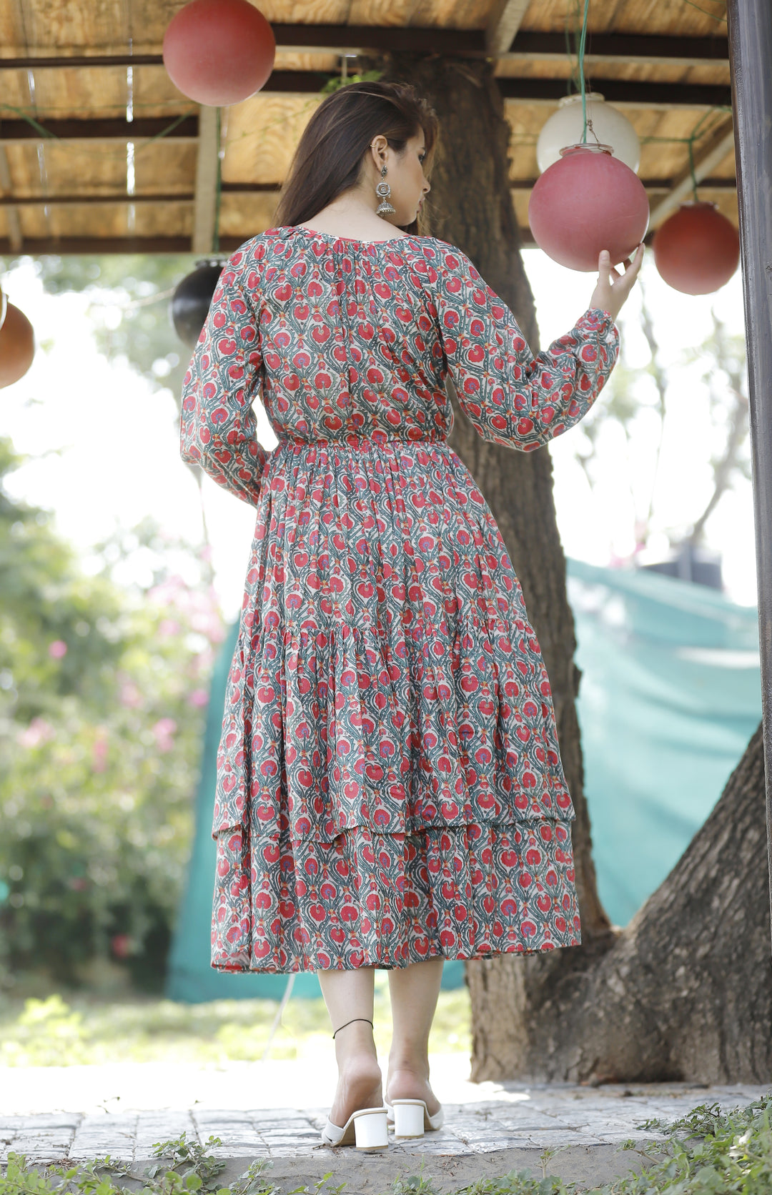 Red Bloom: Floral Long-Sleeve Midi Dress in Cotton