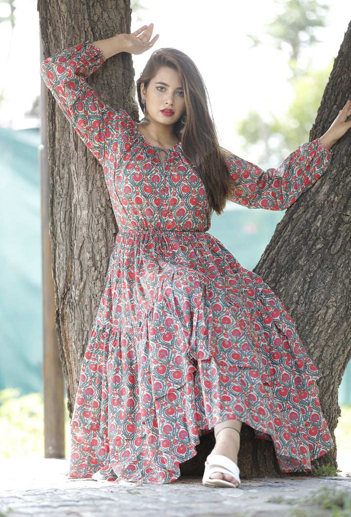Red Bloom: Floral Long-Sleeve Midi Dress in Cotton