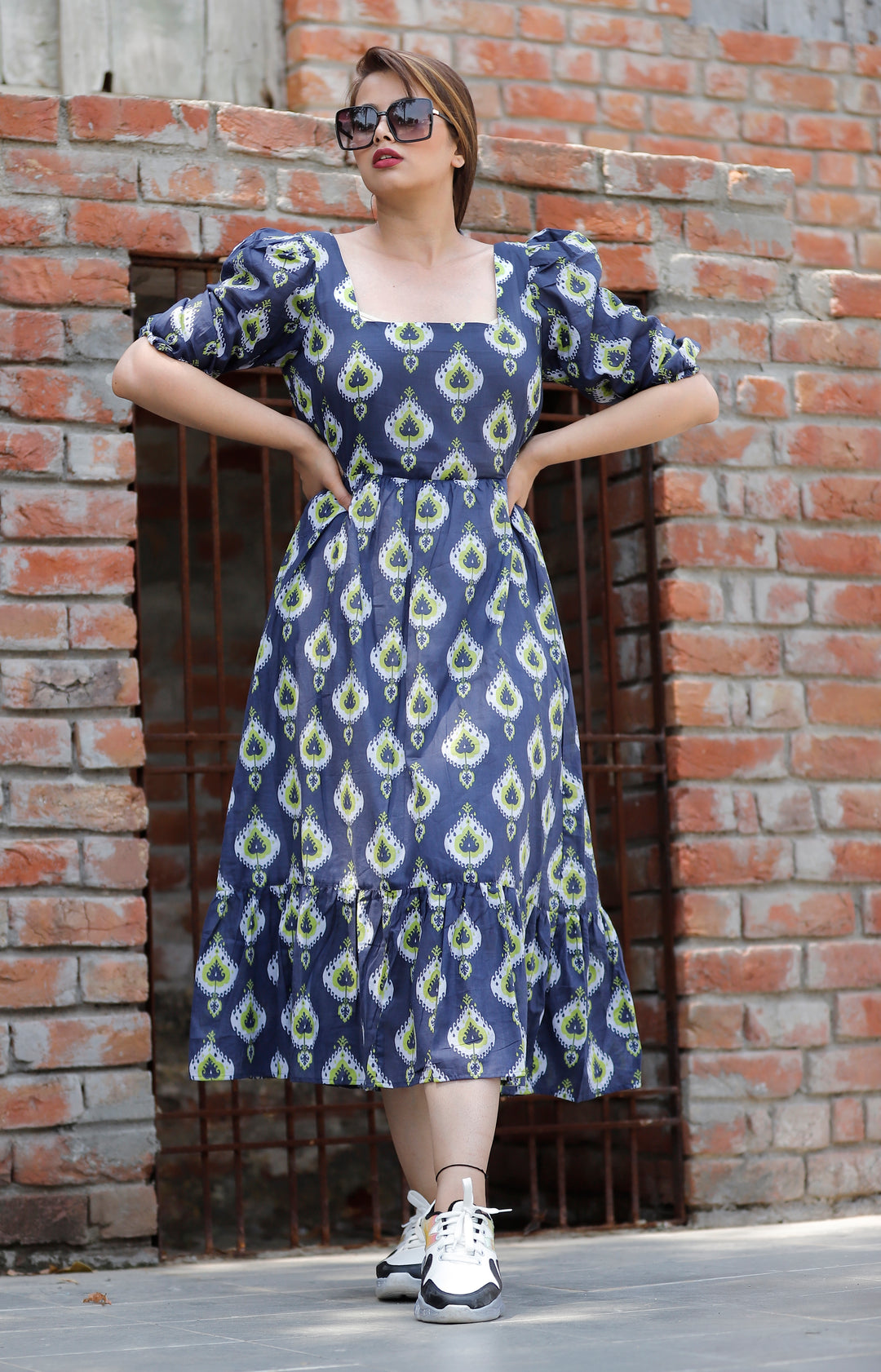 cotton Midi Dress with puff half sleeves ~ Blue