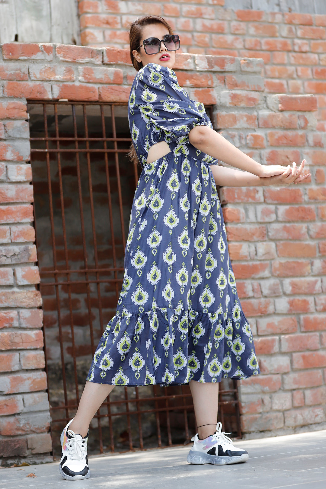 cotton Midi Dress with puff half sleeves ~ Blue