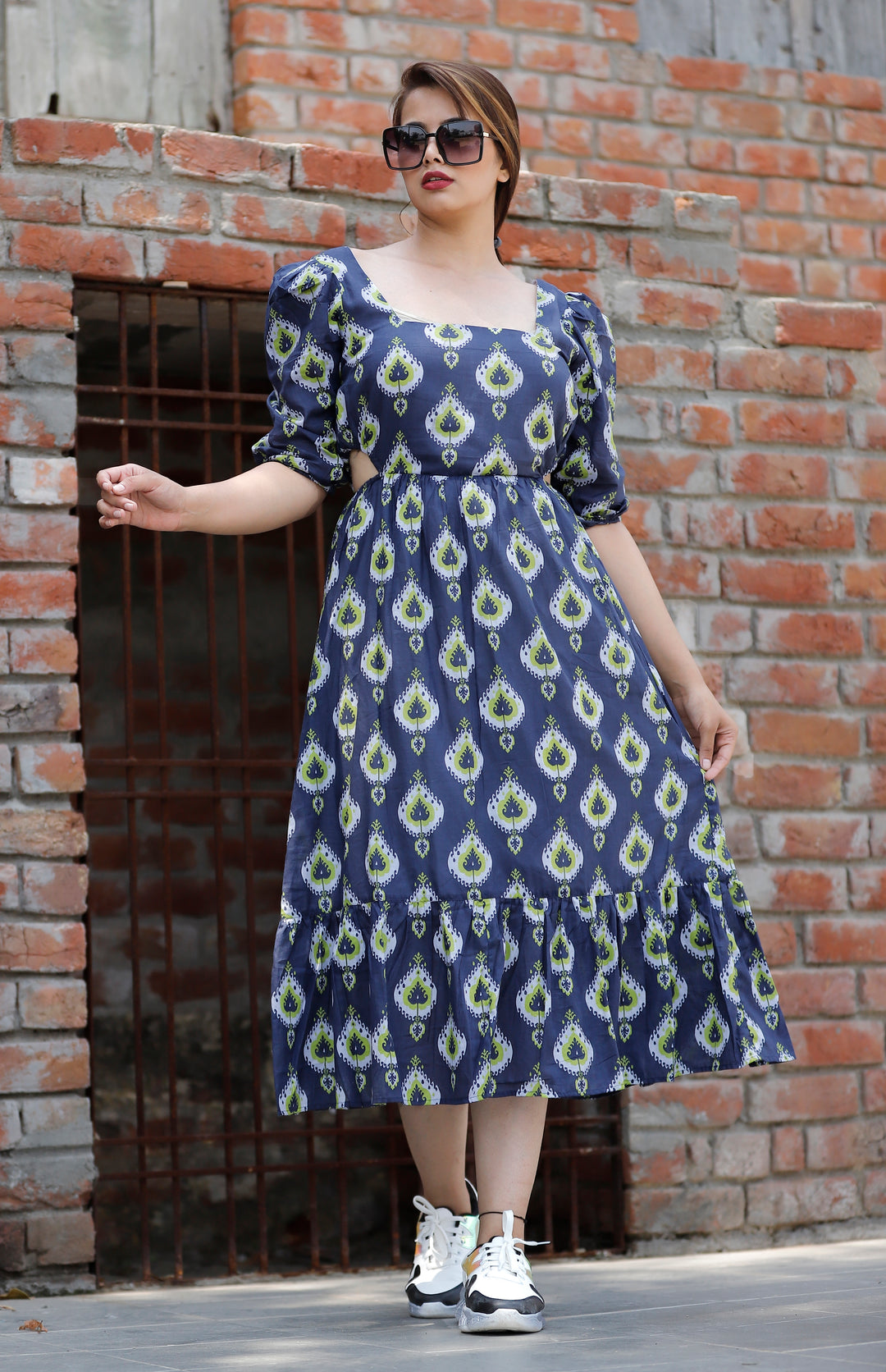 cotton Midi Dress with puff half sleeves ~ Blue