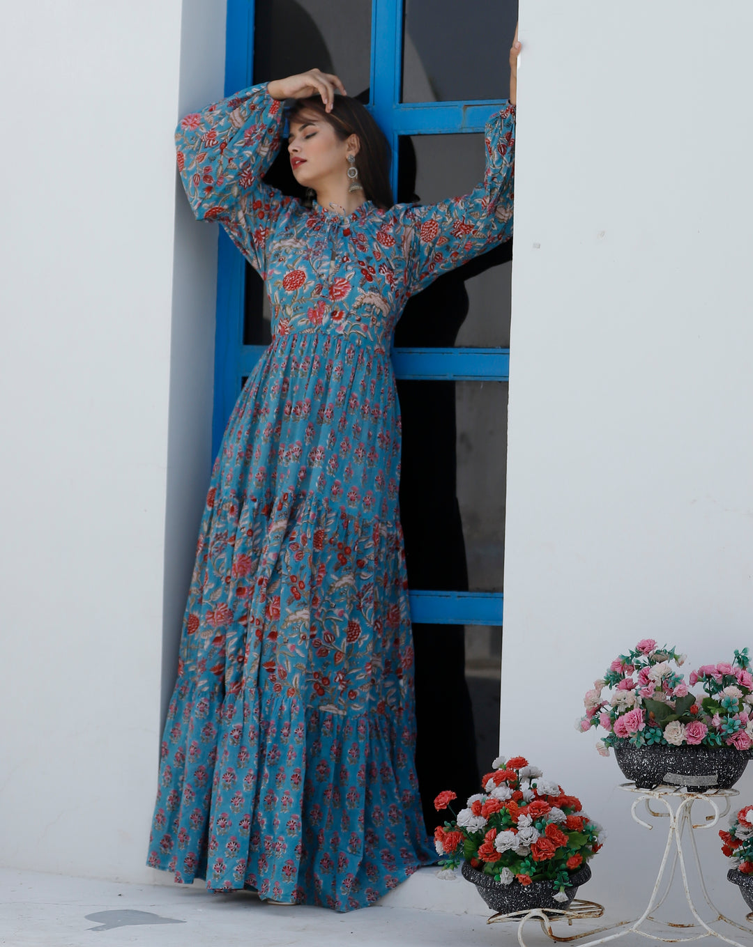 Red Floral Cotton Print Maxi Gown Dress Blooms in blue