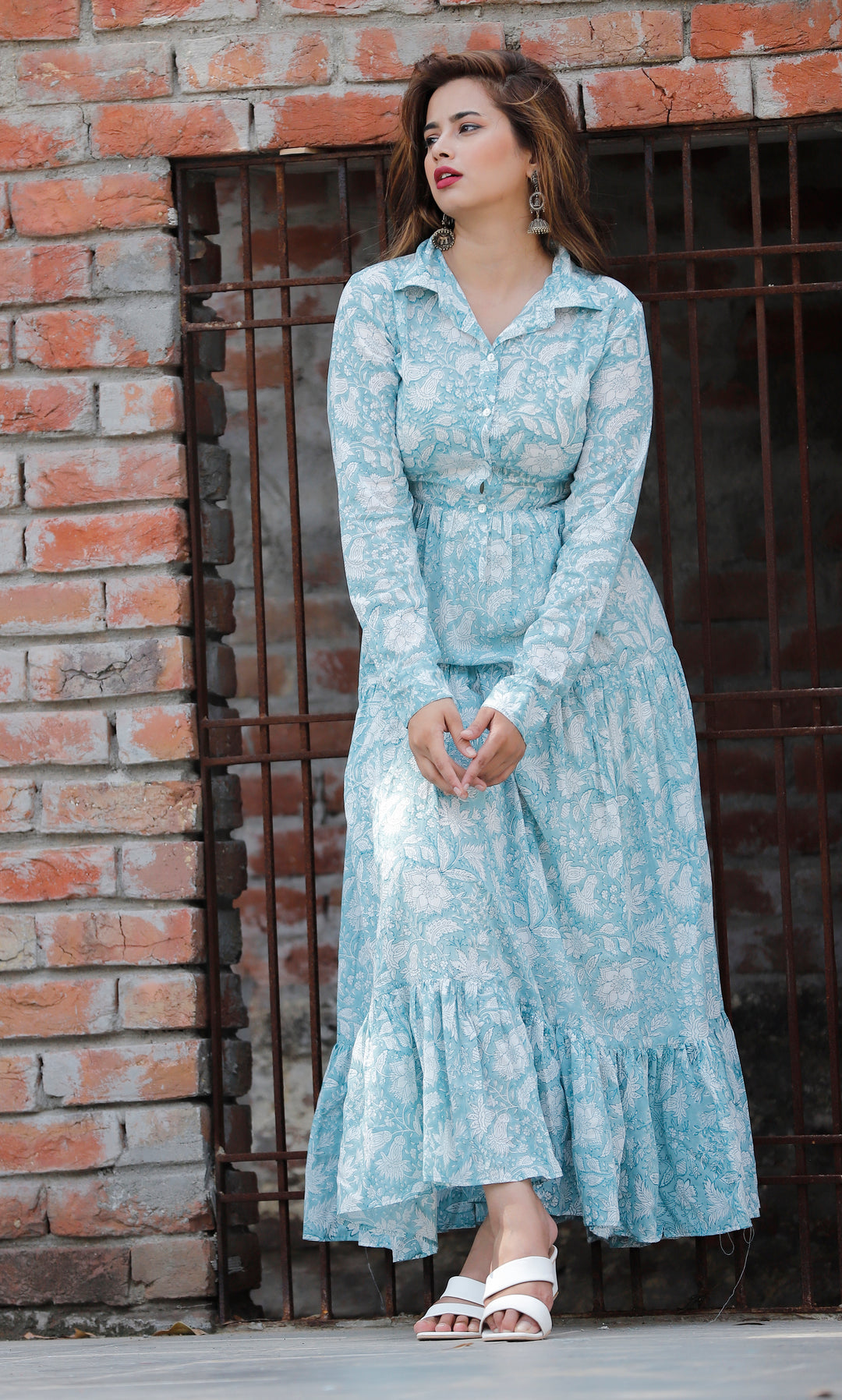 kyra floral cotton print in ocean blue maxi dress