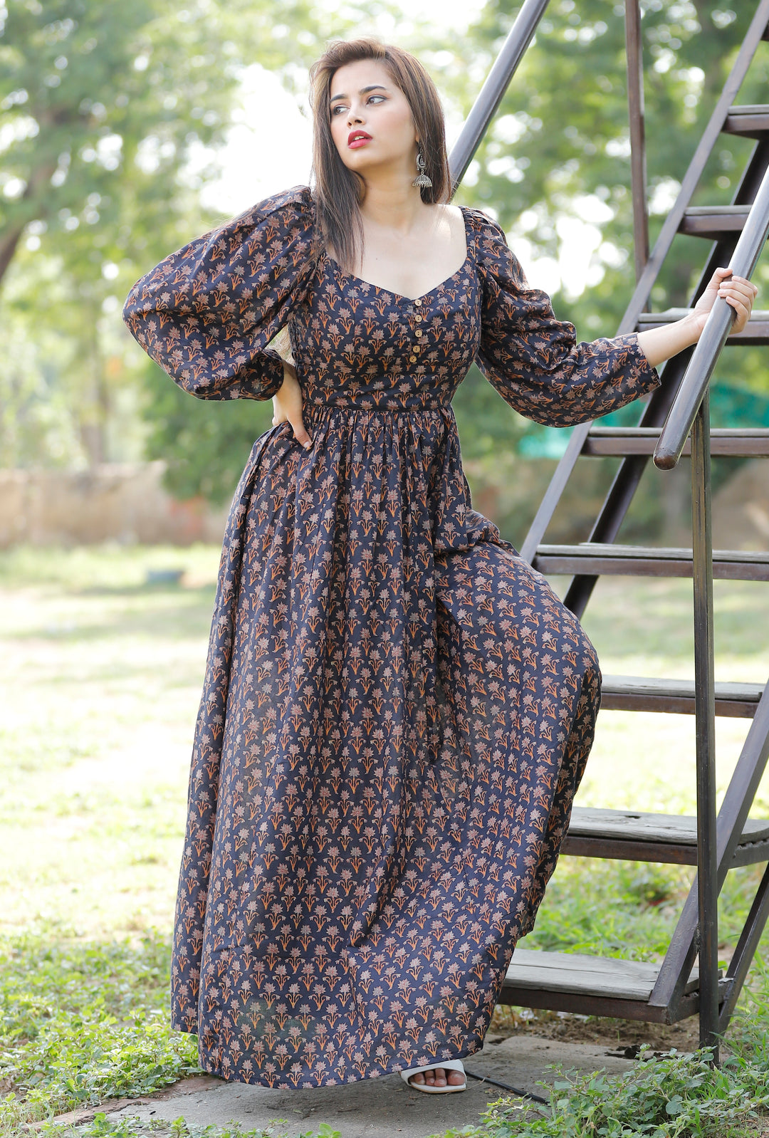 Bishop Sleeves on a Floral Cotton Long Maxi Dress
