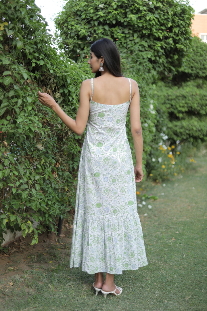 bold look in sage green flowers sleeveless maxi dress