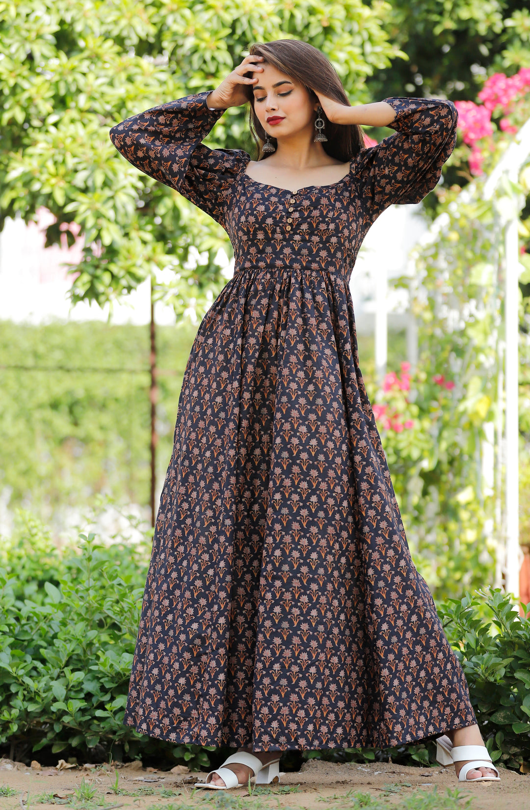 Bishop Sleeves on a Floral Cotton Long Maxi Dress