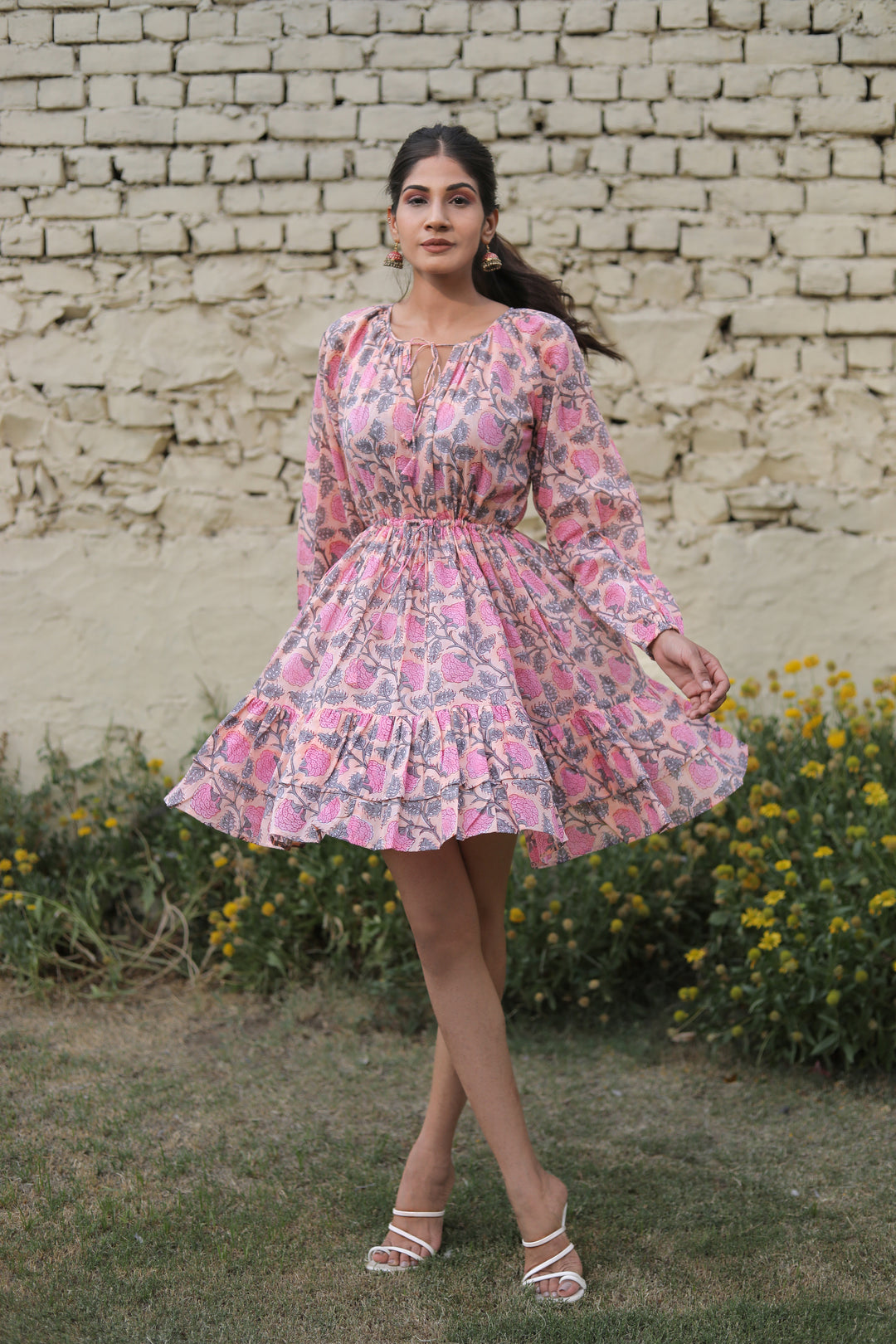 cotton pink full sleeves mini dress string style