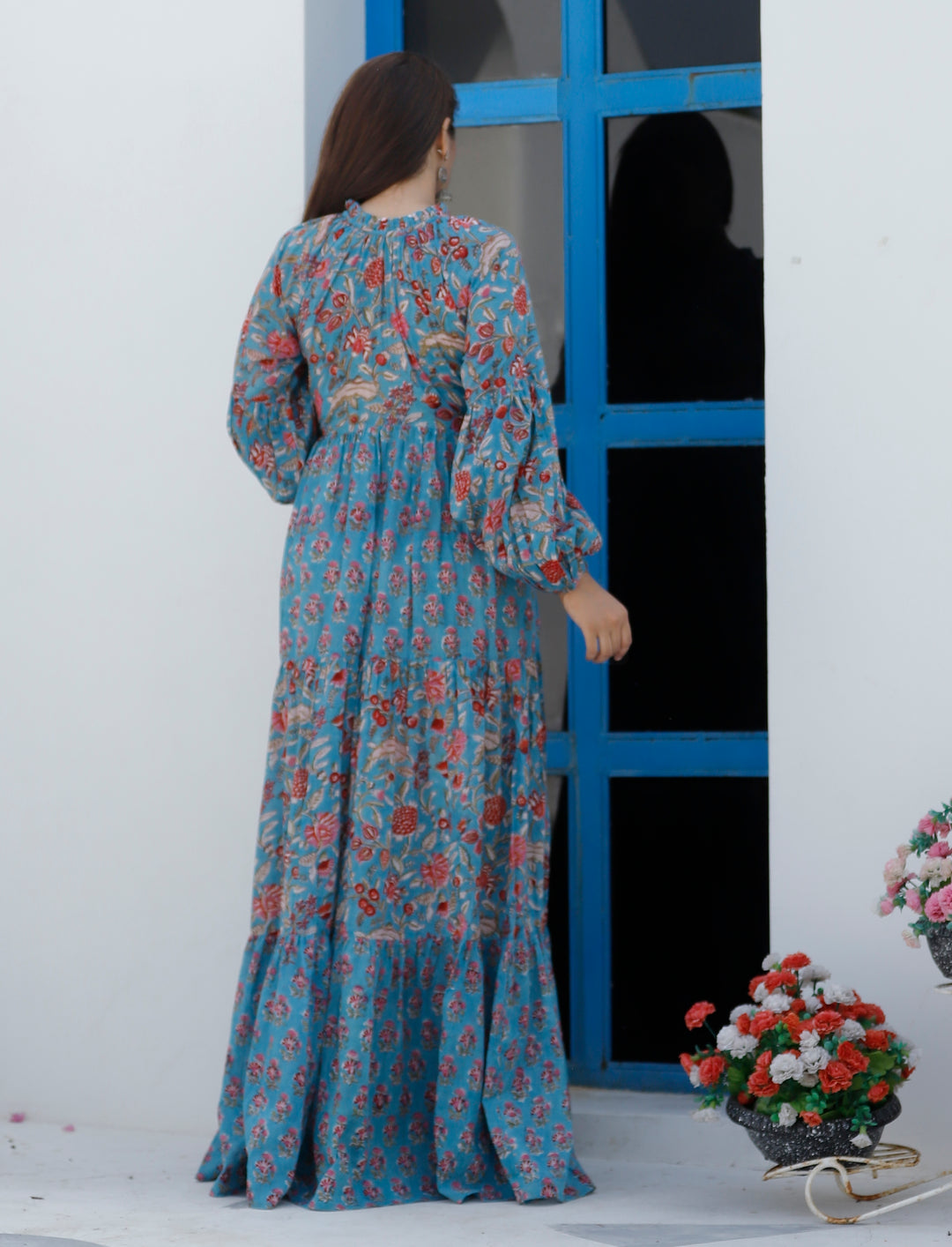 Red Floral Cotton Print Maxi Gown Dress Blooms in blue