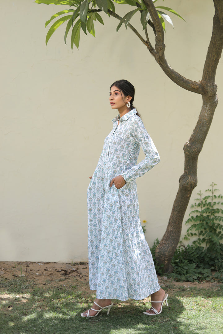 collared cotton maxi long sleeve dresses on white base