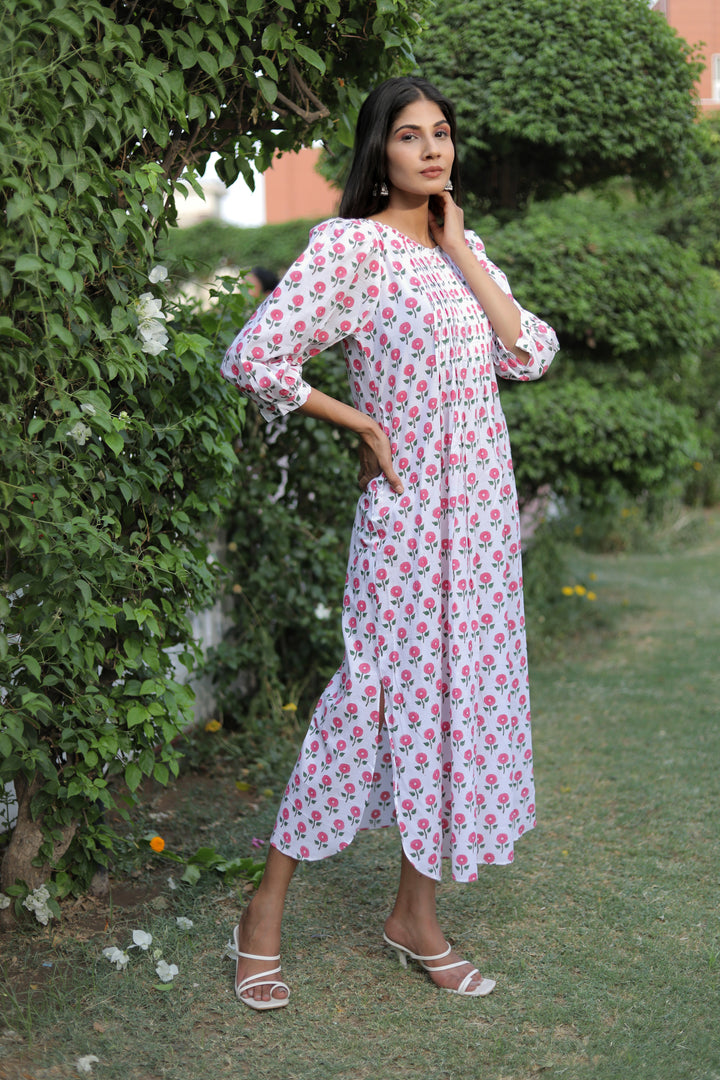 White Cotton Kurti style Maxi Dress with Pink Roses