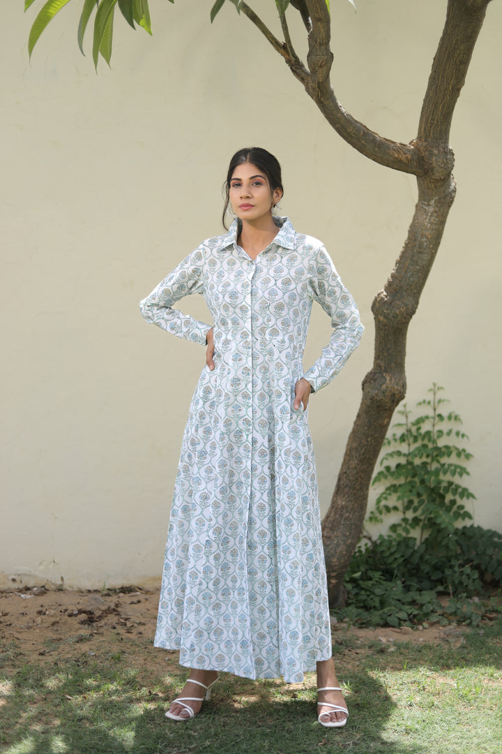 collared cotton maxi long sleeve dresses on white base