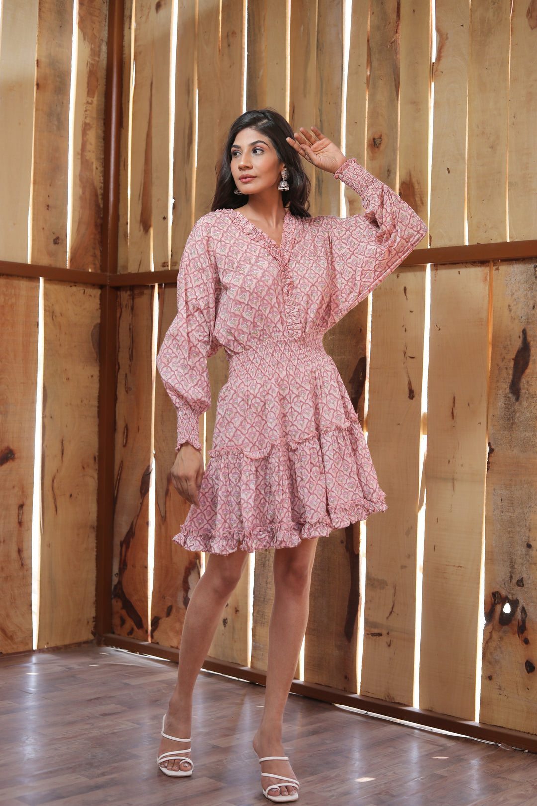 pink claudia tiered style with long sleeves mini dress