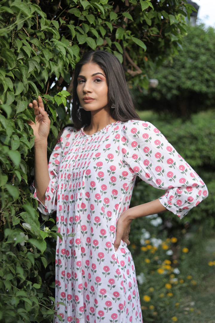 White Cotton Kurti style Maxi Dress with Pink Roses