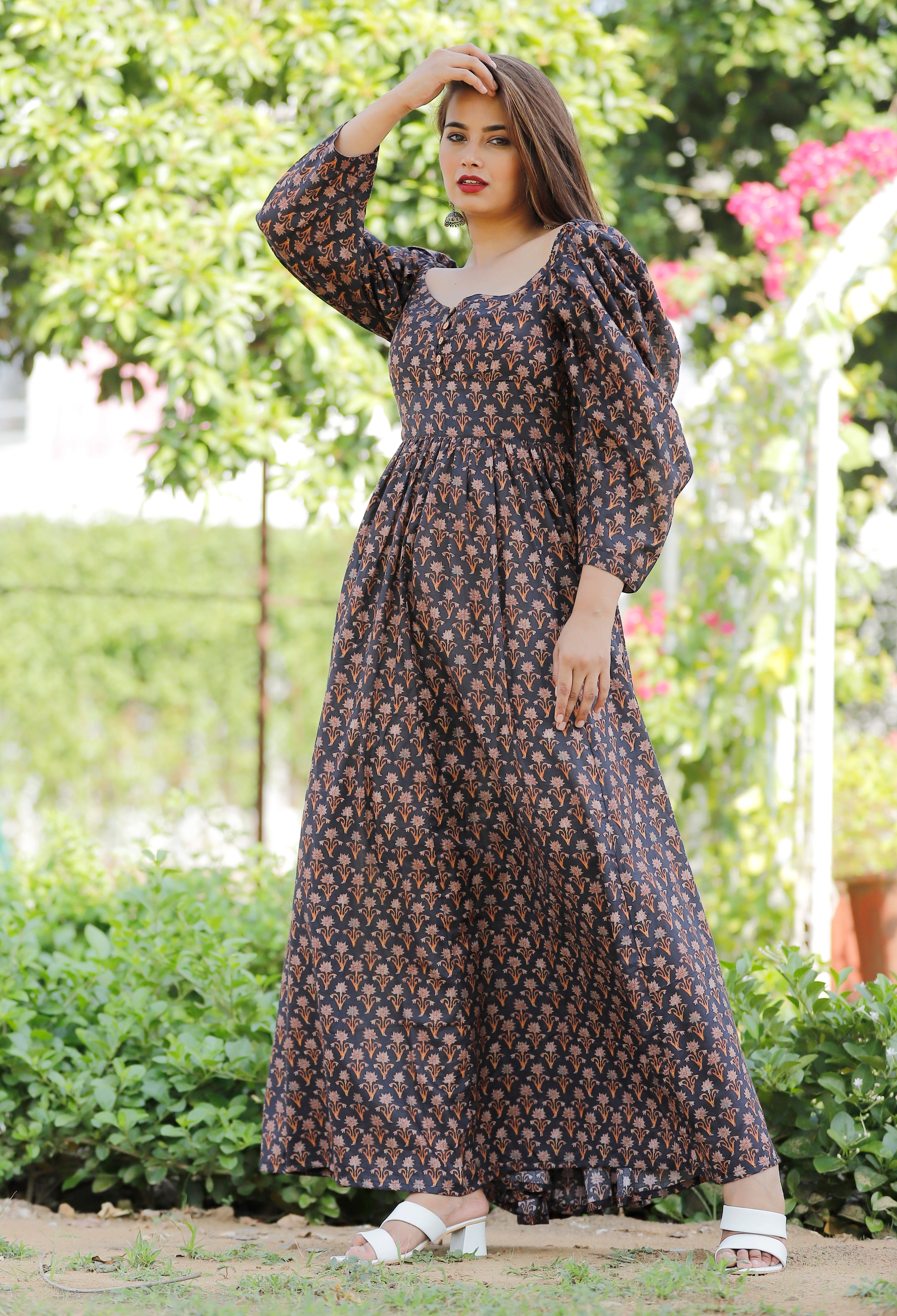 Bishop Sleeves on a Floral Cotton Long Maxi Dress Indo Libas