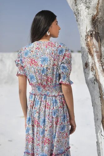 midi dress ~ deep v neckline cotton Indian printed